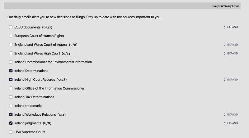 The Daily Summary Email settings, listing selectable sources with new-decision counts